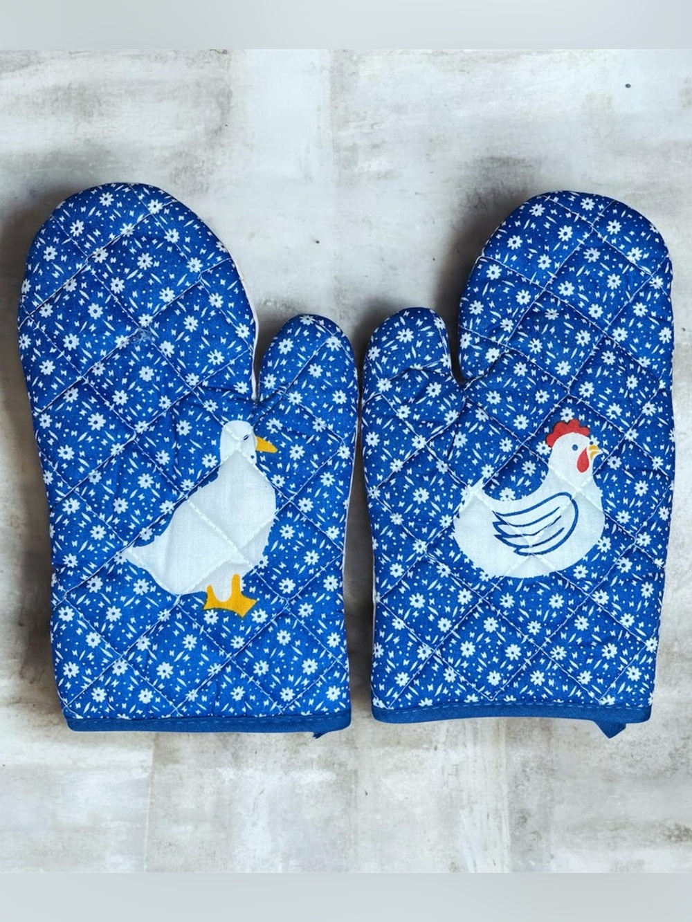 Blue Quilted goose and Chicken Oven Mitts